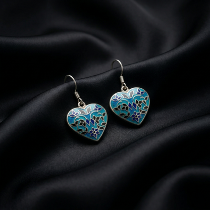 Intricate Blue Meenakari Silver Heart Earrings
