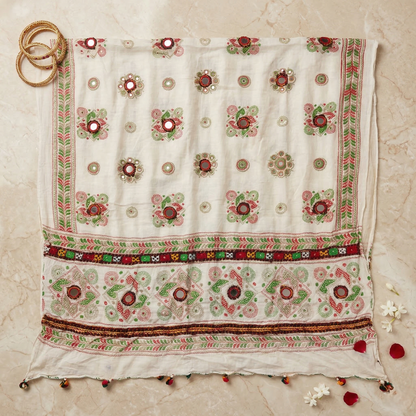 Ivory Phulkari Dupatta with Mirror Accents