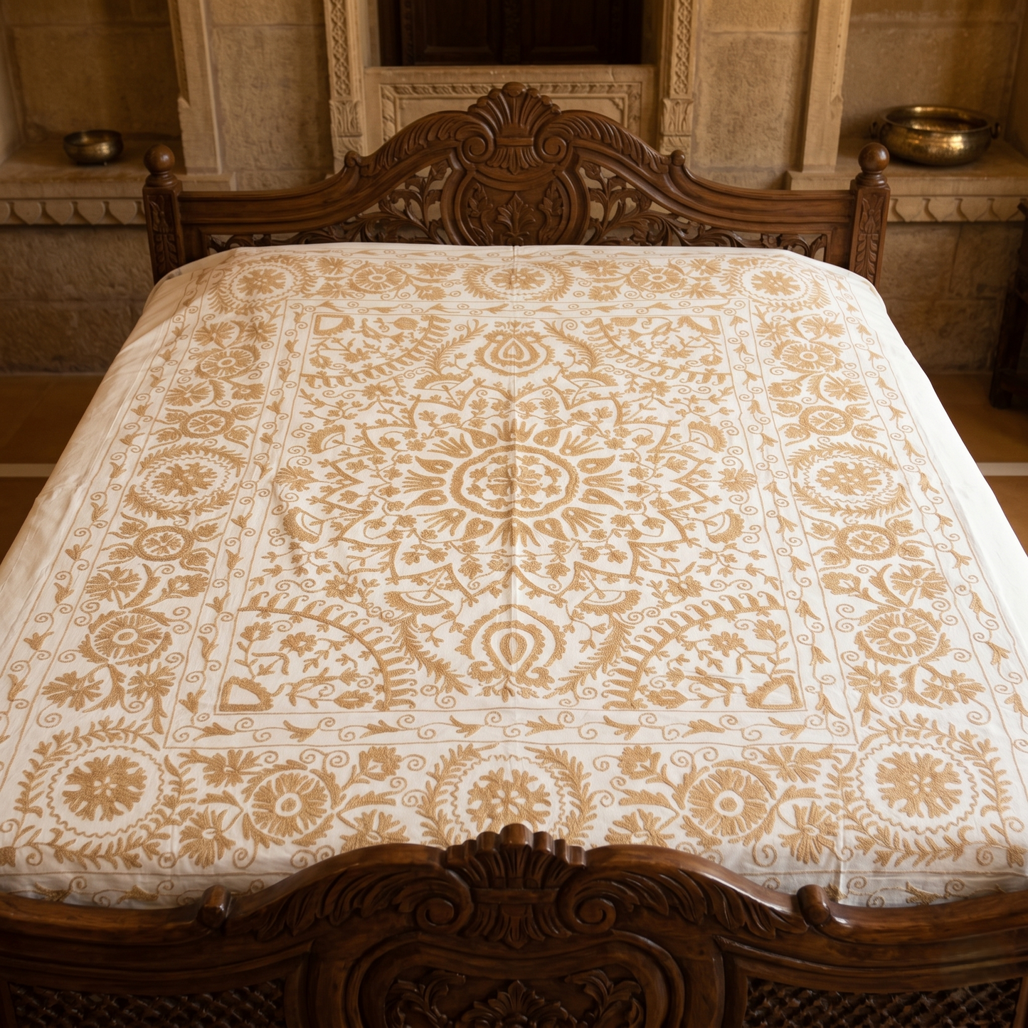 Luxury Ivory Gold Floral Handcrafted Bedcover