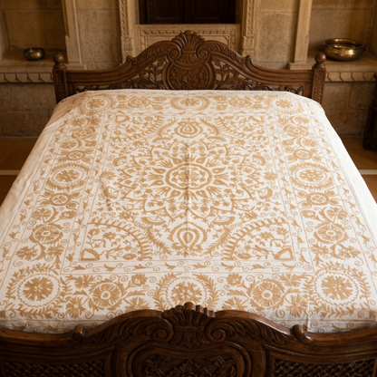 Luxury Ivory Gold Floral Handcrafted Bedcover