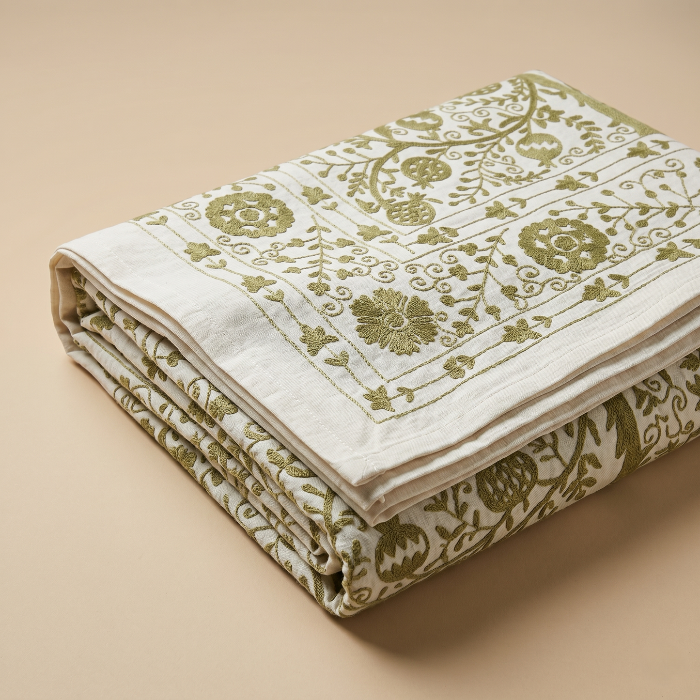 Ivory Sage Floral Embroidered Luxury Bedcover