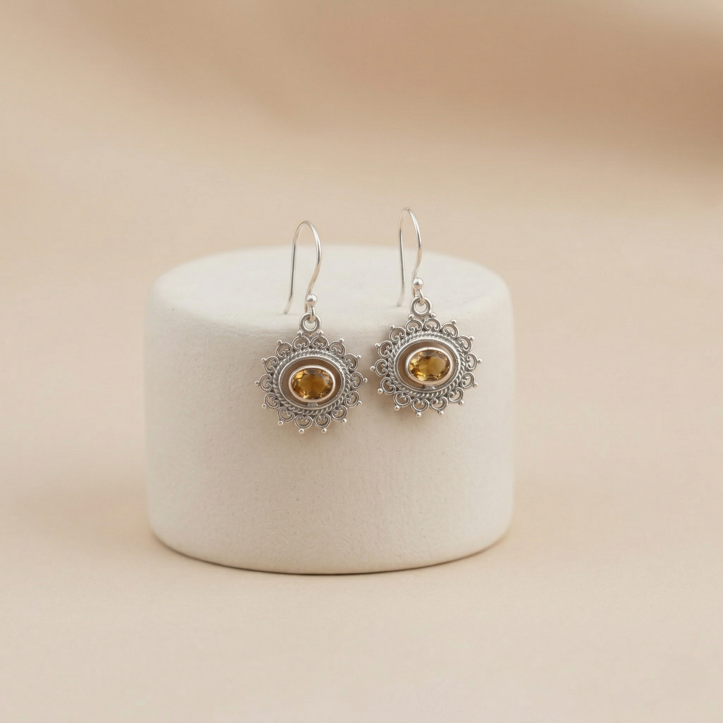 Radiant Citrine Silver Sunburst Drop Earrings