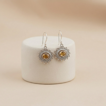 Radiant Citrine Silver Sunburst Drop Earrings
