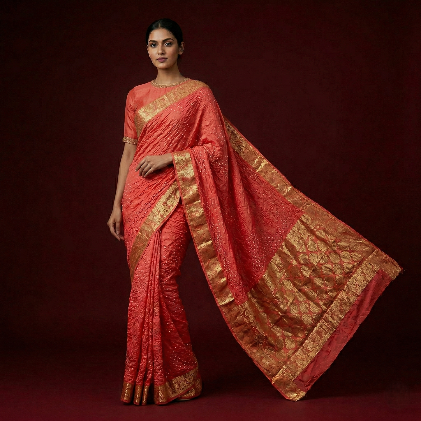 Orange Bandhani Silk Saree With Zari