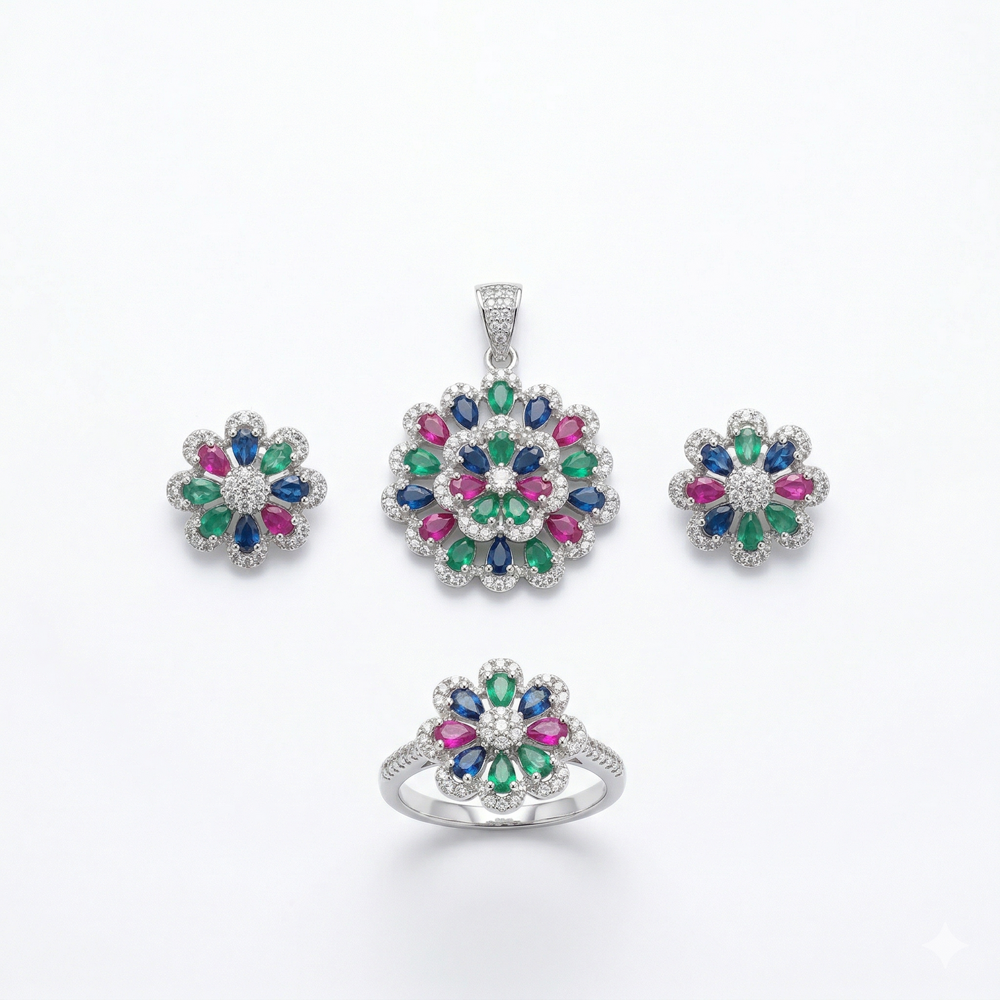 Radiant Multi-Gem Floral Silver Pendant Set