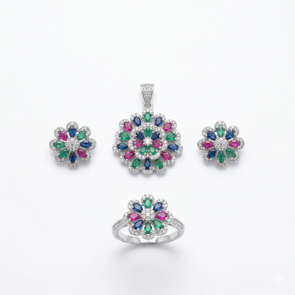 Radiant Multi-Gem Floral Silver Pendant Set