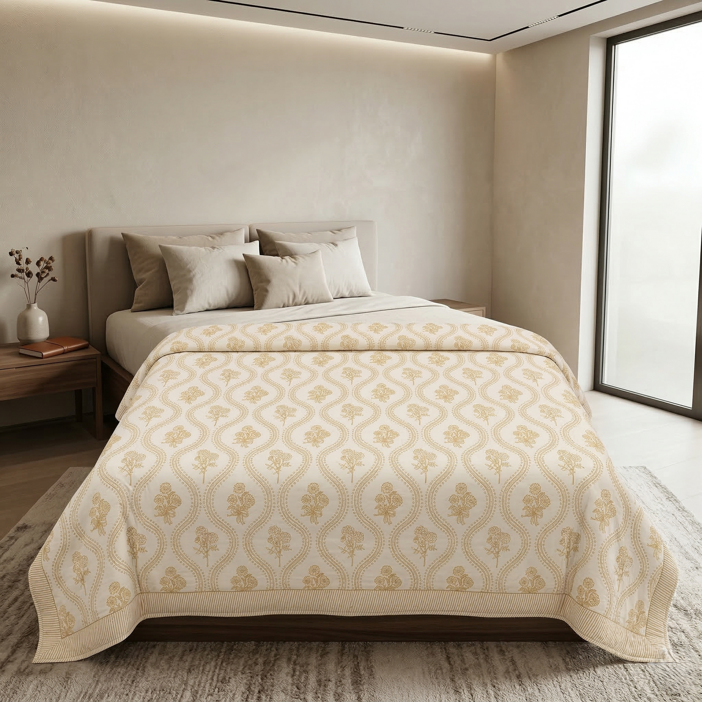 Golden Floral Lattice Cotton Block Quilt
