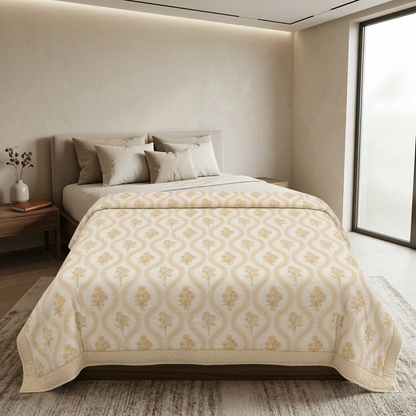 Golden Floral Lattice Cotton Block Quilt