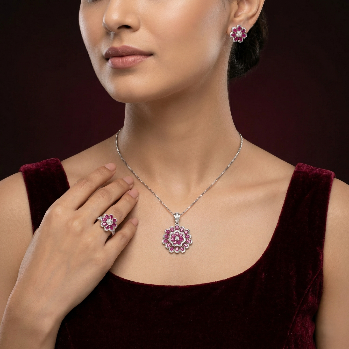 Sparkling Ruby Floral Silver Pendant Set