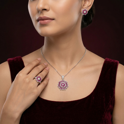Sparkling Ruby Floral Silver Pendant Set
