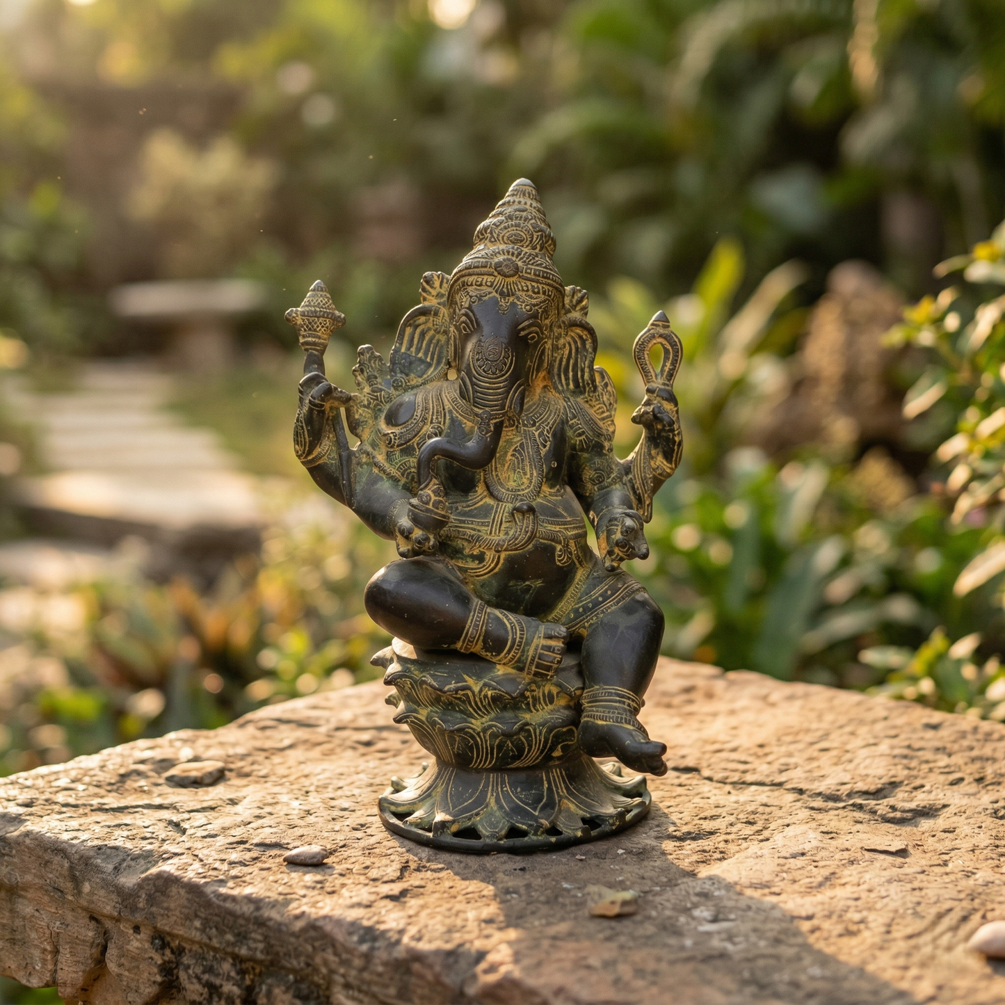 Ornate Antique Finish Brass Sitting Ganesha
