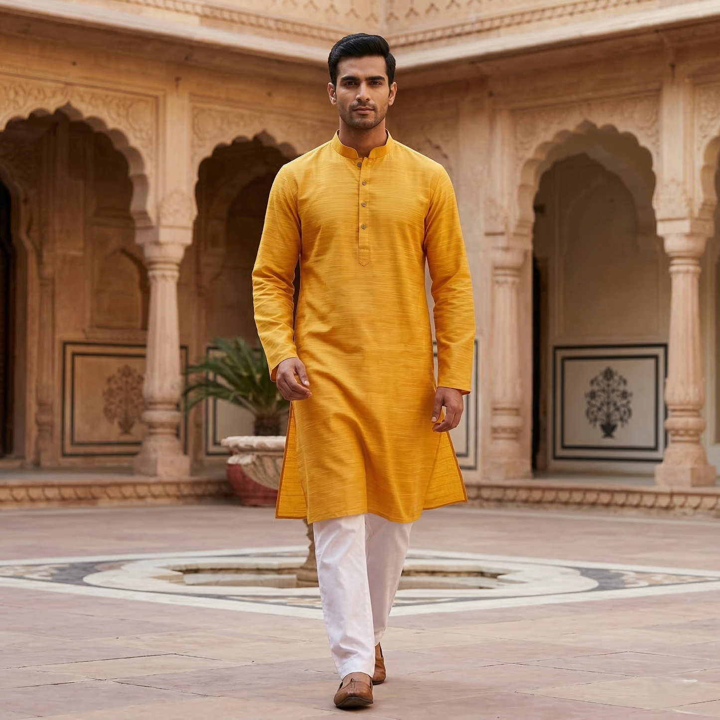 Elegant Mustard Silk Blend Men's Kurta