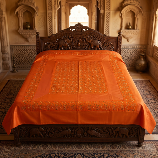 Luxurious Saffron Silk Hand Embroidered Bedcover