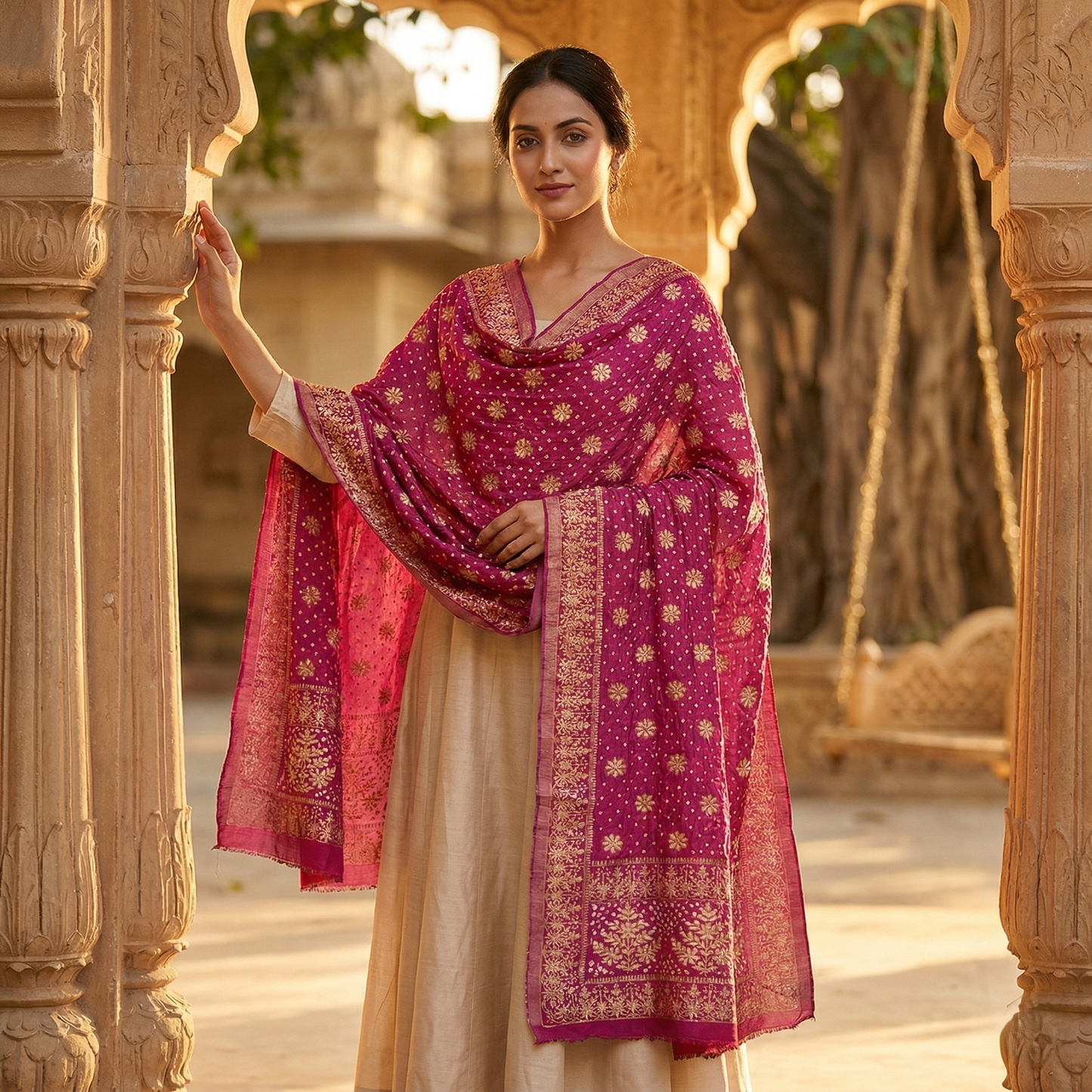 Magenta Banarasi Silk Floral Zari Dupatta