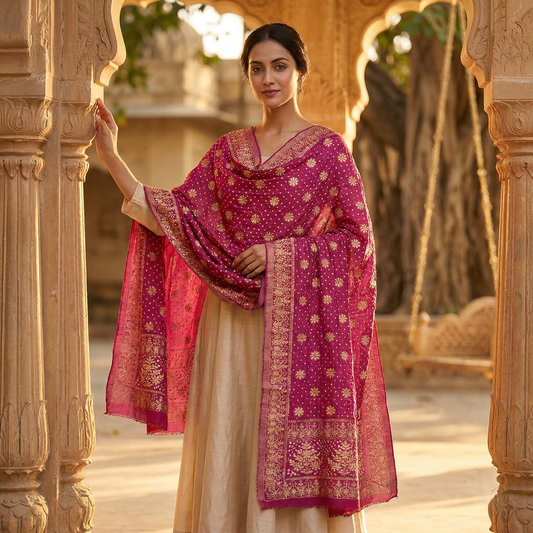 Magenta Banarasi Silk Floral Zari Dupatta