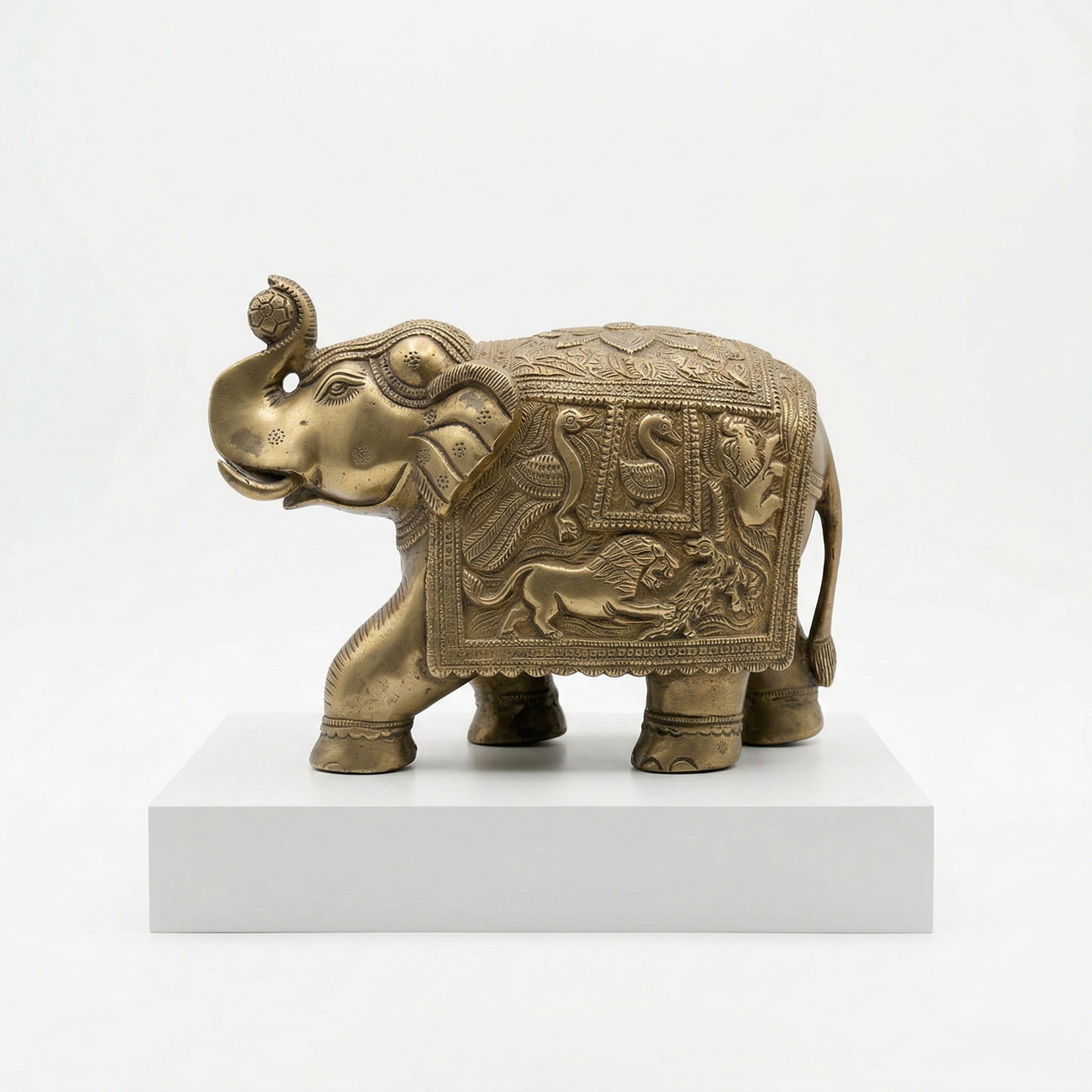 Royal Brass Elephant With Lion Engravings