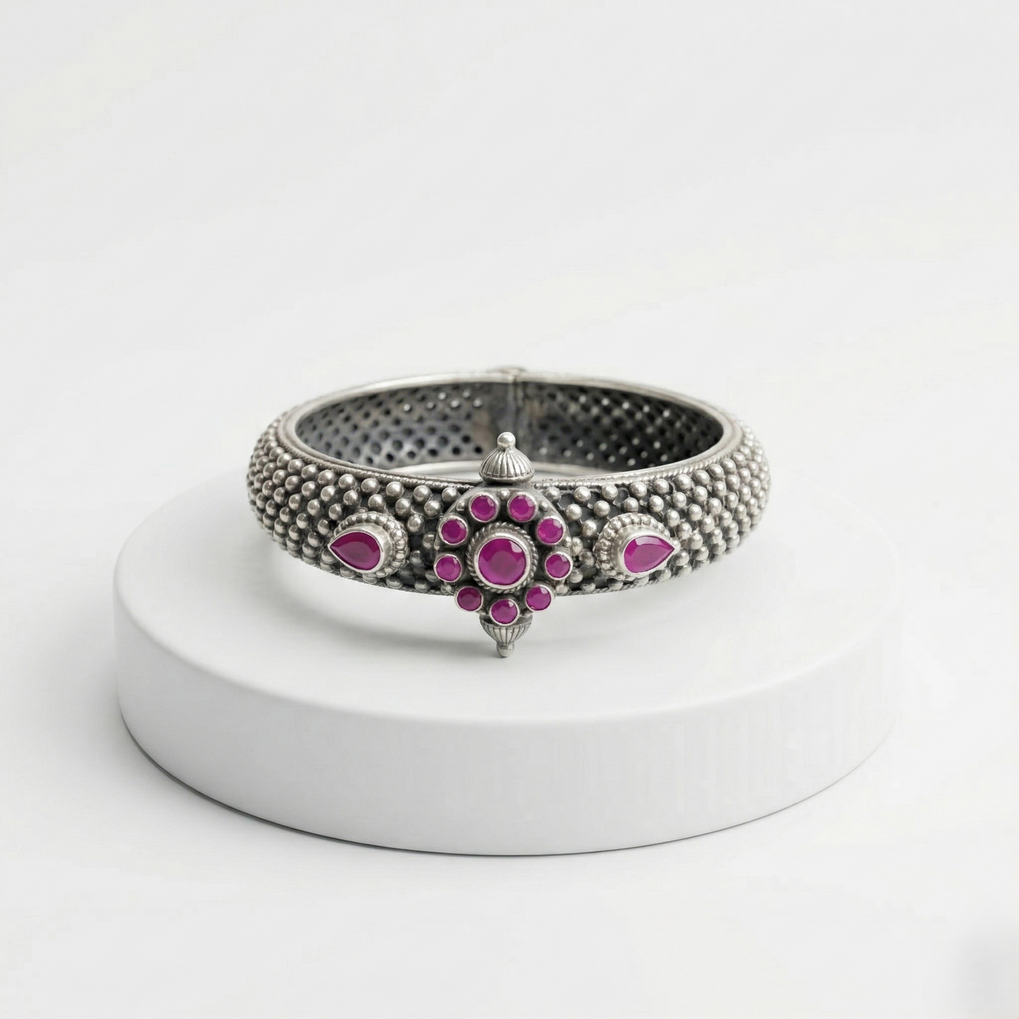 Antique Silver Floral Ruby Kada Bracelet