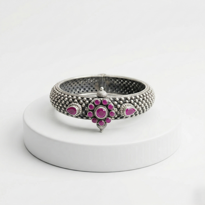 Antique Silver Floral Ruby Kada Bracelet