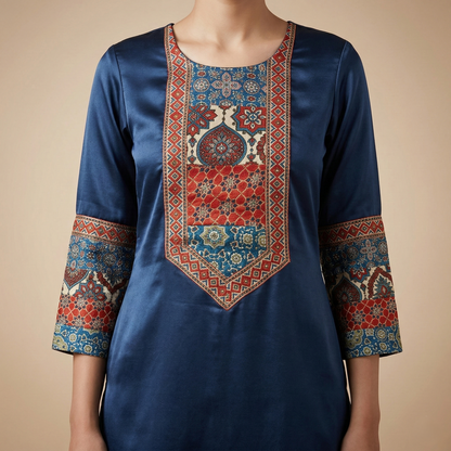 Royal Indigo Embroidered Silk Kurti Set