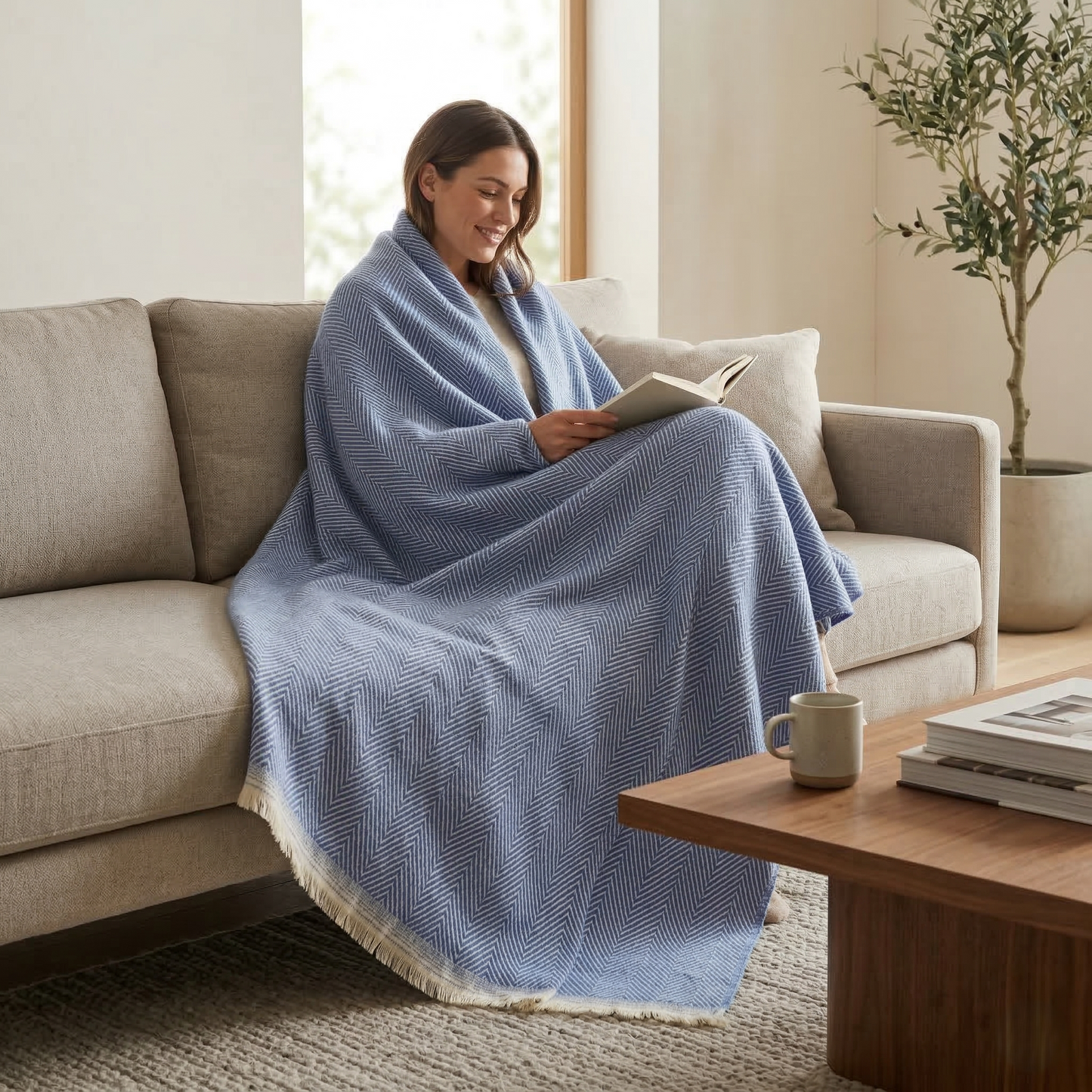 Elegant Sage Herringbone Hand Woven Blanket