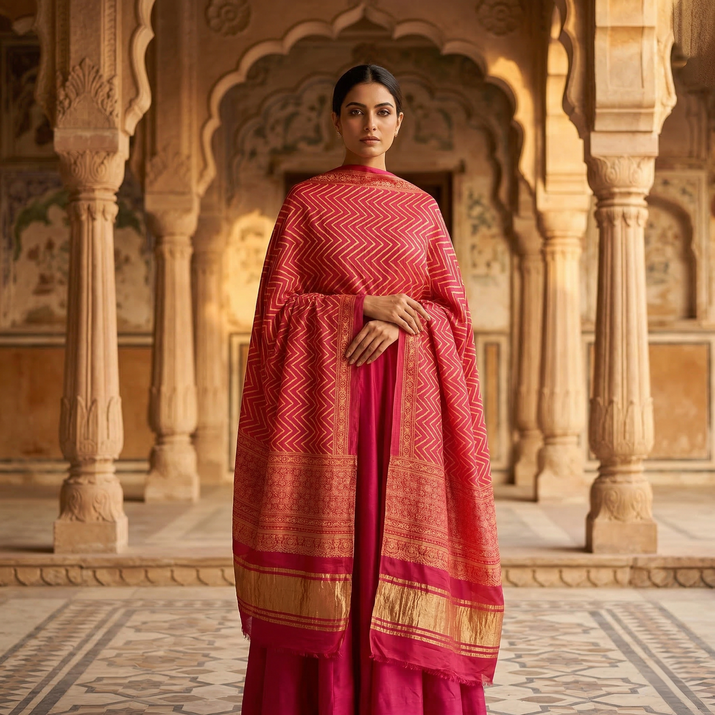 Pink Zigzag Leheriya Silk Blend Dupatta