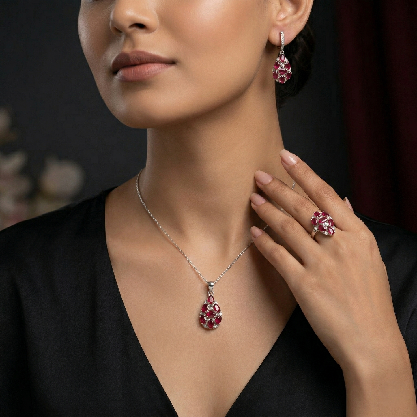The Regal Crimson Silver Pendant Set
