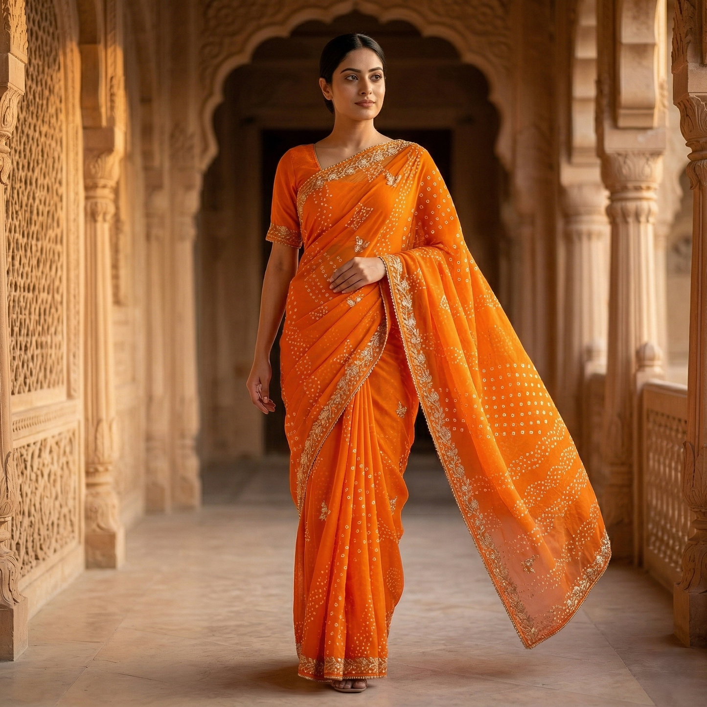Radiant Orange Bandhani Silk Embellished Saree