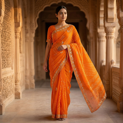 Radiant Orange Bandhani Silk Embellished Saree