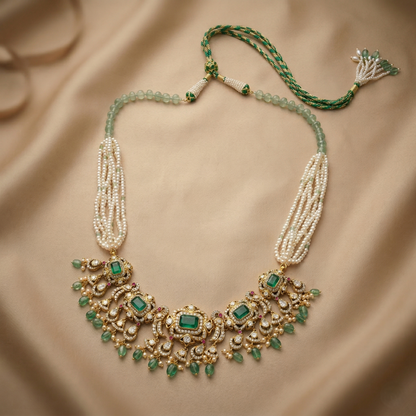 Ethereal Emerald Silver Pearl Heritage Necklace