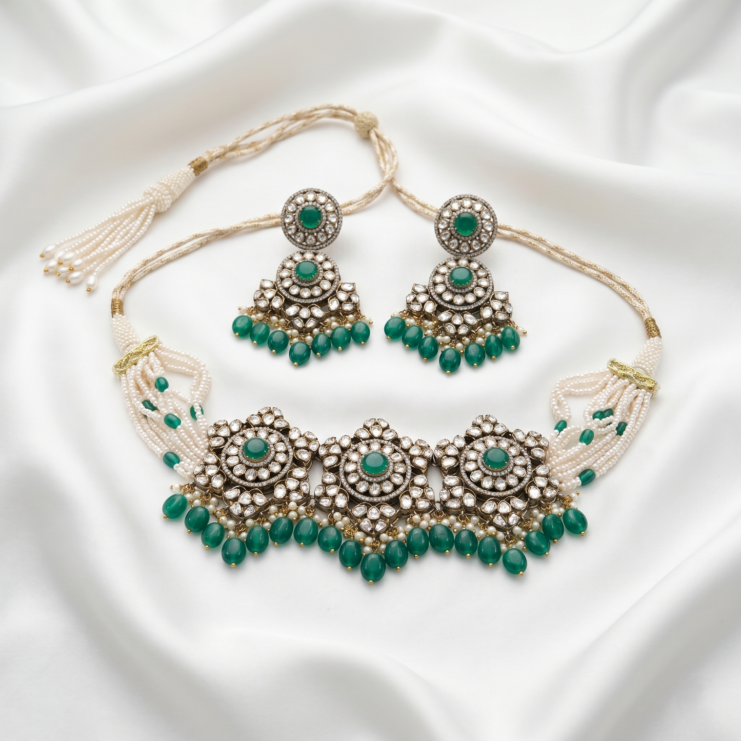 Vintage Silver Emerald Kundan Choker Set