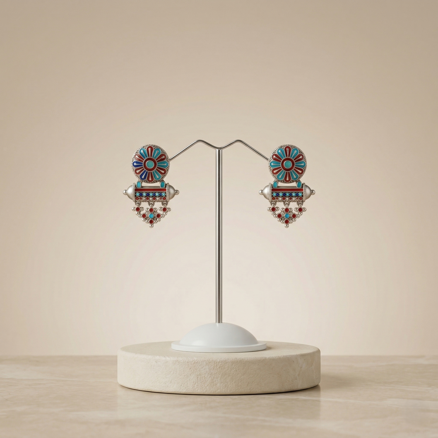 Vibrant Floral Meenakari Silver Artisan Studs
