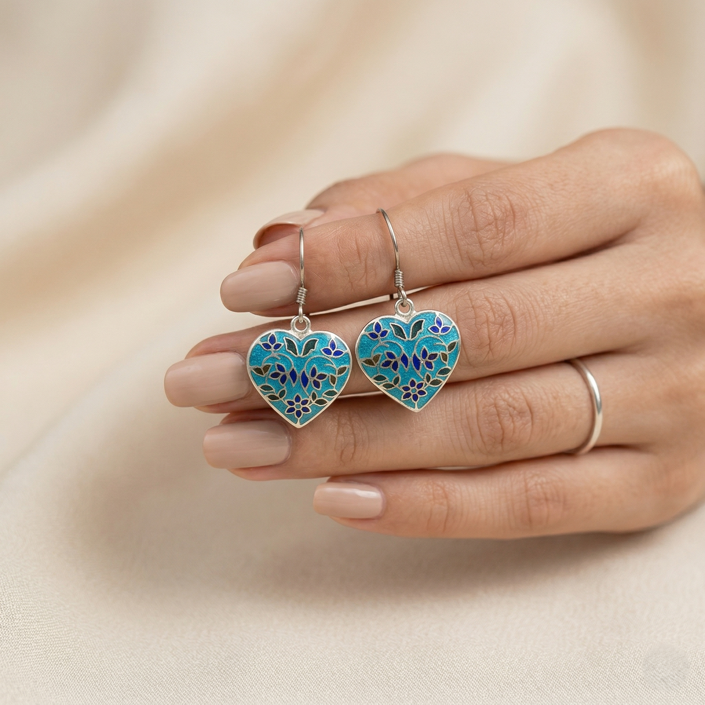 Intricate Blue Meenakari Silver Heart Earrings