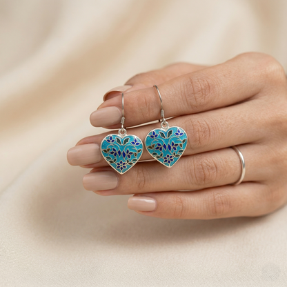 Intricate Blue Meenakari Silver Heart Earrings