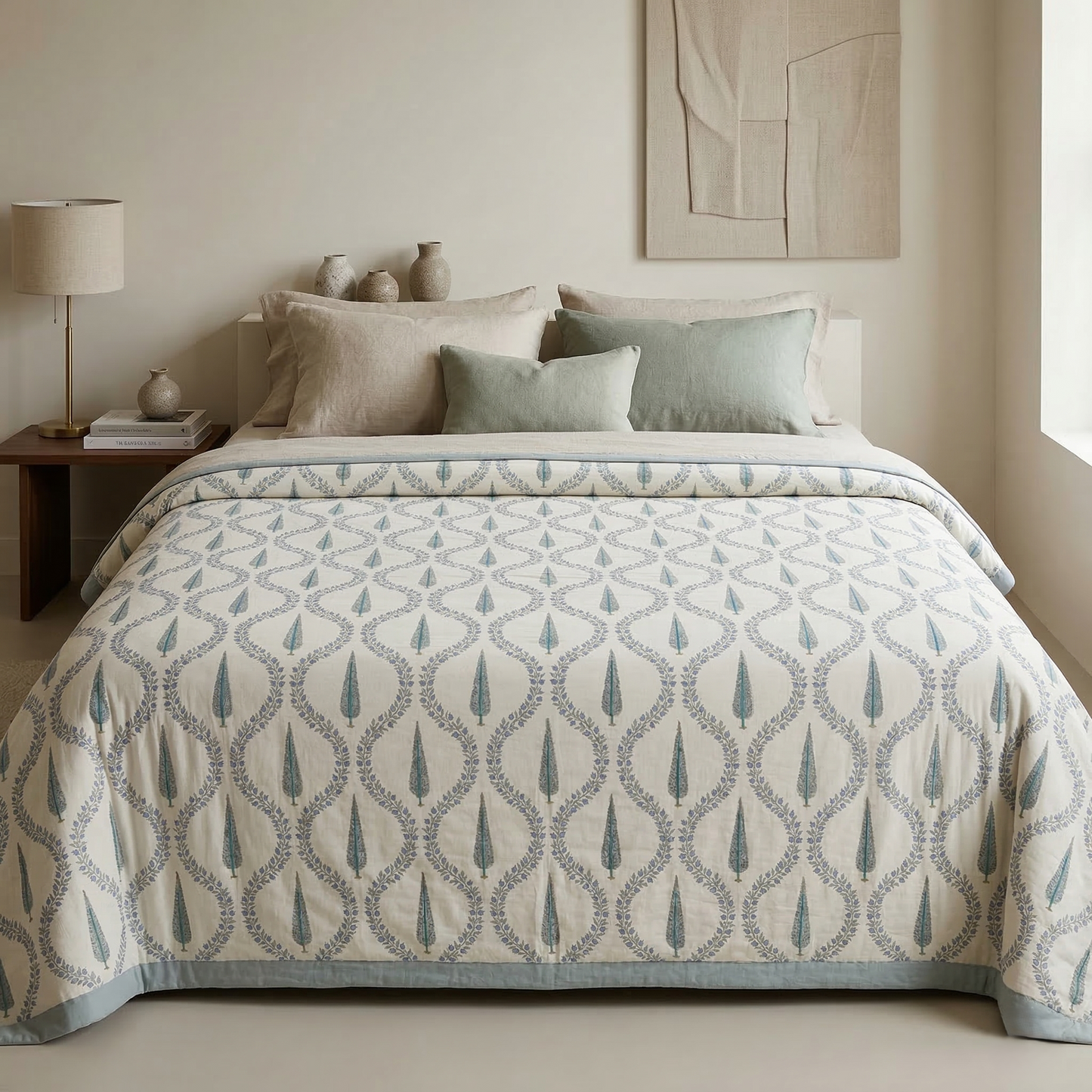 Serene Sage Cypress Hand Block Quilt