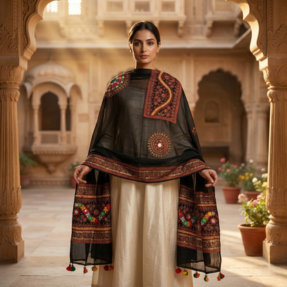 Exquisite Phulkari Inspired Black Sheer Dupatta