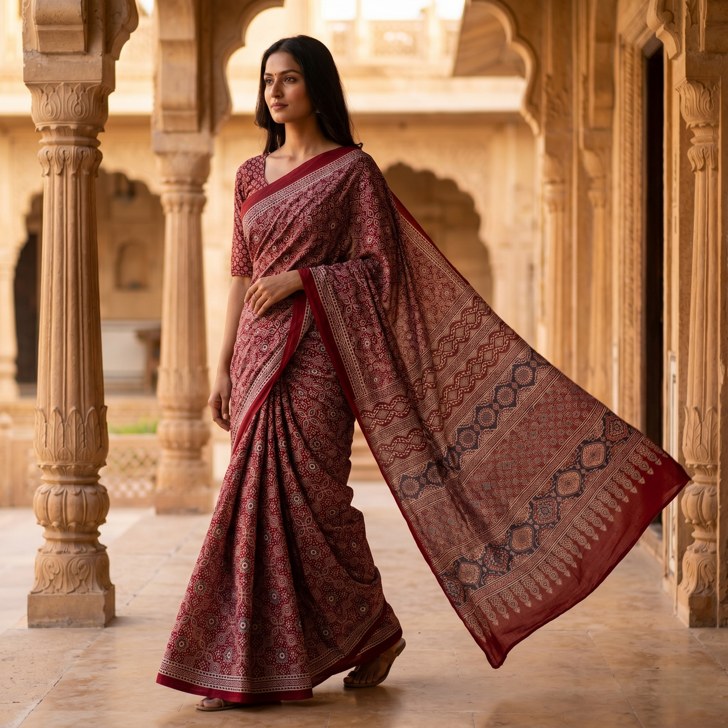 Elegant Ajrakh Print Maroon Cotton Saree