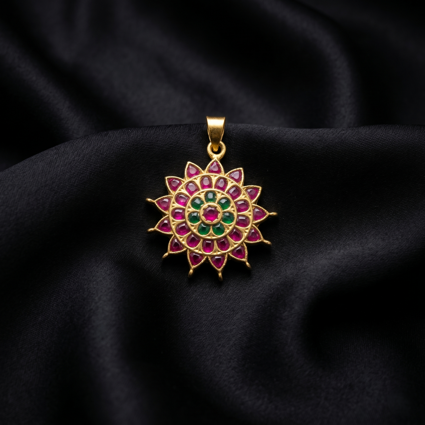 Artisan Ruby Emerald Floral Silver Pendant