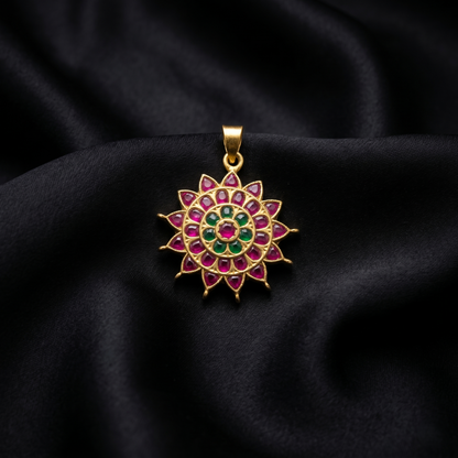 Artisan Ruby Emerald Floral Silver Pendant