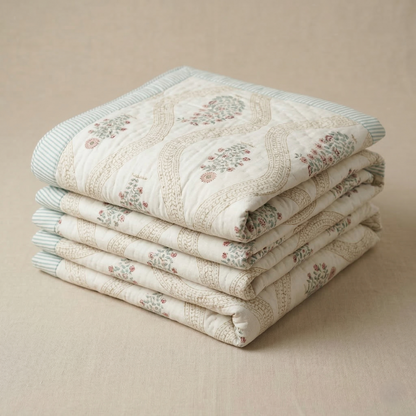 Elegant Floral Lattice Block Print Quilt