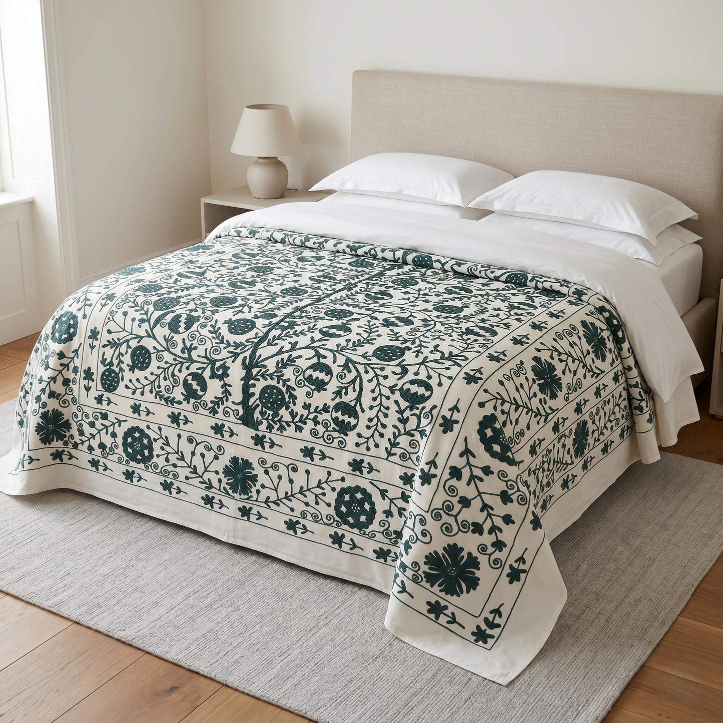 Intricate Emerald Floral Hand-Embroidered Luxury Bedcover