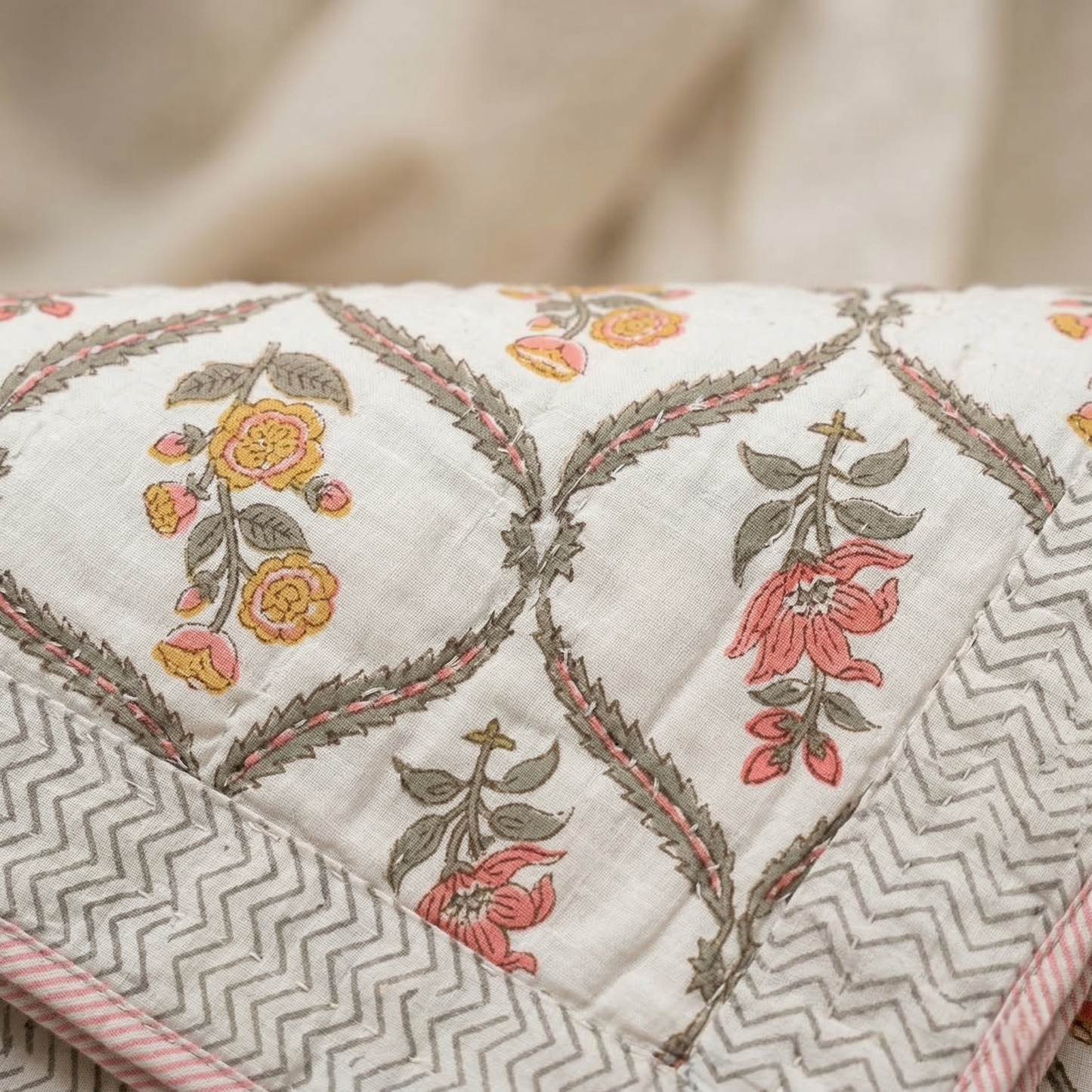 Handcrafted Floral Lattice Reversible Cotton Quilt