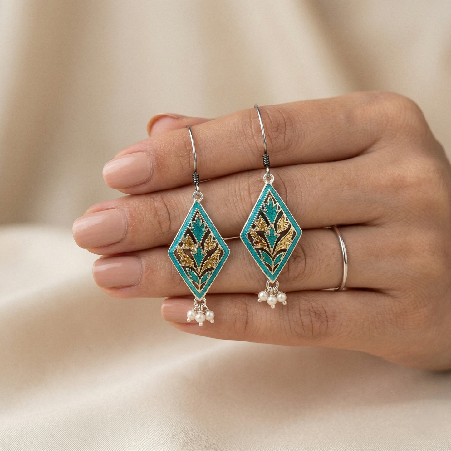 Elegant Meenakari Rhombus Silver Drop Earrings