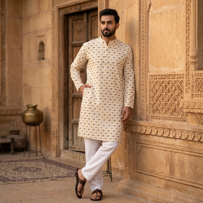 Hand Blocked Golden Camel Ivory Kurta