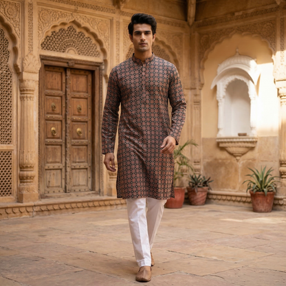 Ornate Geometric Print Modern Cotton Kurta
