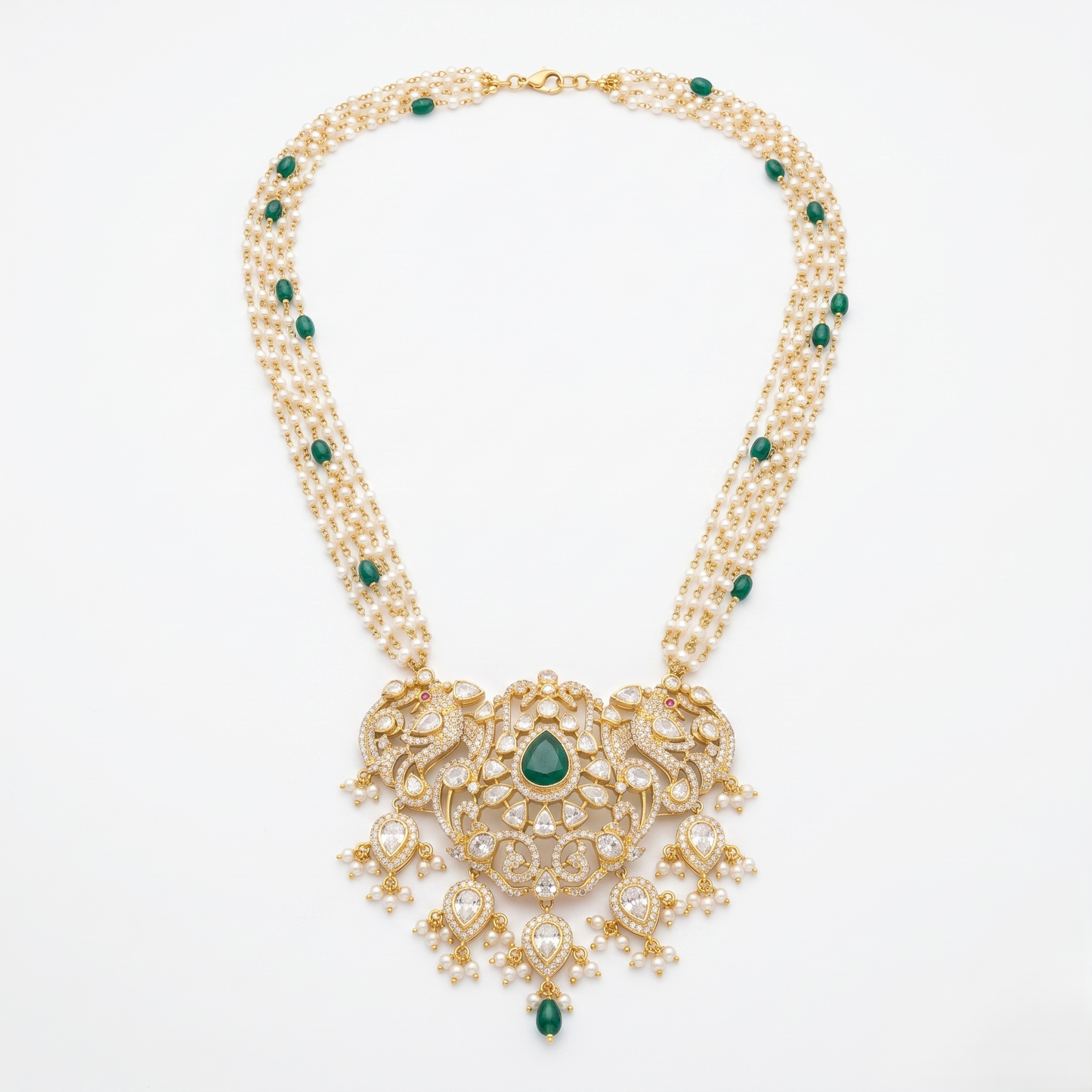 Ornate Emerald and Pearl Statement Necklace