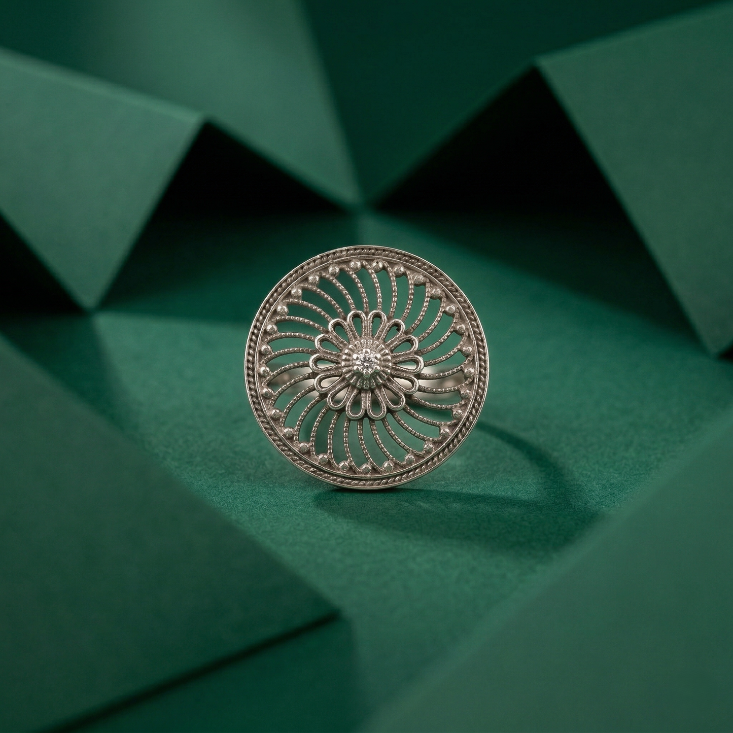 Floral Filigree Silver Mandala Statement Ring