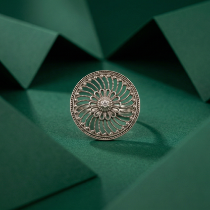 Floral Filigree Silver Mandala Statement Ring