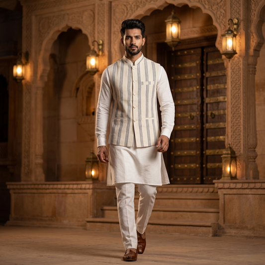Handloomed Linen Striped Royal Heritage Waistcoat