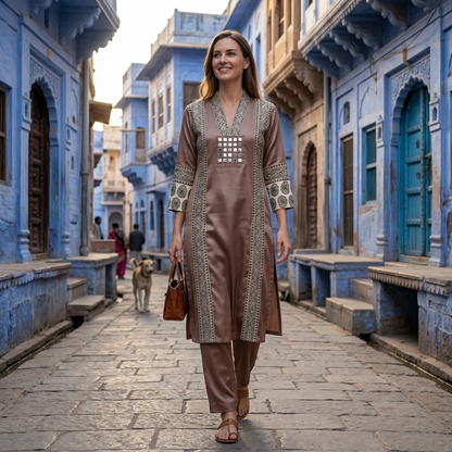 Elegant Earth Tone Mirror Work Silk Kurti