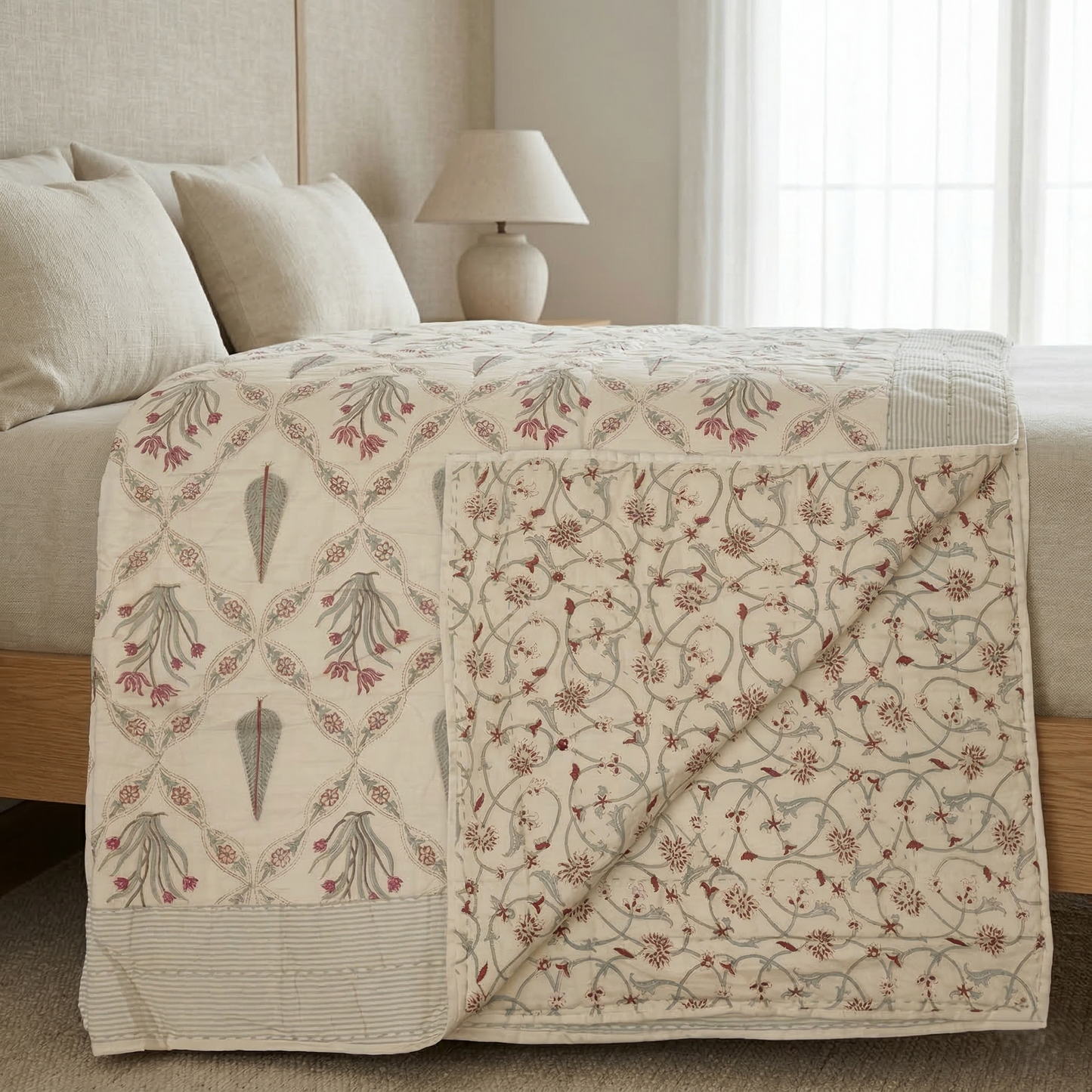 Elegant Sage Floral Lattice Cotton Quilt